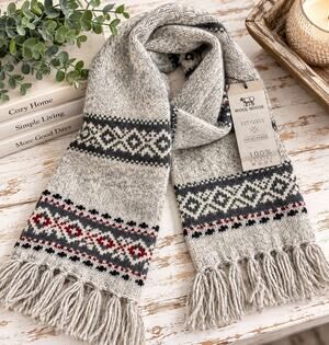 Wool House 100% Natural Wool Hand-Made Fair Isle Scarf Gray Red Black